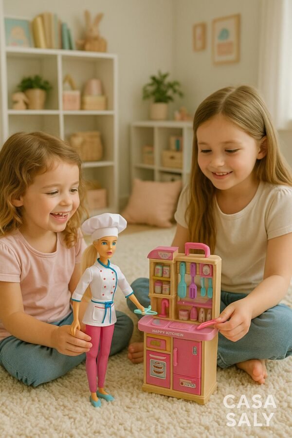 MUÑECA TINY COCINERA + SU COCINA COMPLETA CON ACCESORIOS